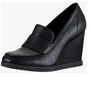 Black Women's Dressy Pump Square Closed Toe Slip On Wedges High Heeled Loafers
